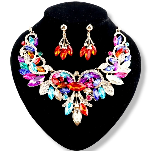 18K gold plated multi color rainbow crystal Necklace earrings set - Picture 5 of 16